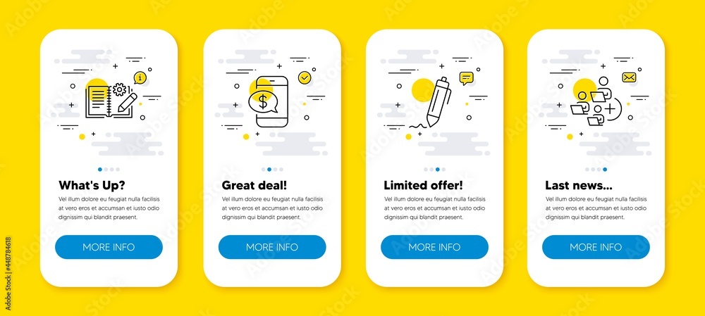 Poster vector set of phone payment, engineering documentation and signature line icons set. ui phone app sc
