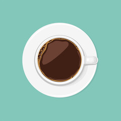 Cup of black coffee top view. Espresso or Americano in a white ceramic cup isolated. Vector illustration in cartoon flat style.