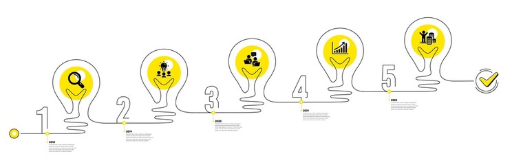 Lightbulb journey path infographics. Business Infographic timeline with 5 steps. Workflow process diagram with Research, Working idea, Teamwork and Money reward icons. Vector