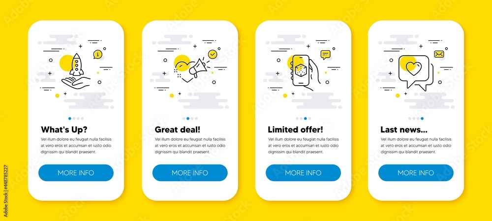 Poster vector set of crowdfunding, 3d app and love message line icons set. ui phone app screens with line i