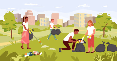 People cleaning dirty city park, nature save, ecology rescue vector illustration. Cartoon young volunteer characters team working, activist picking, collecting plastic trash garbage background © Natalia