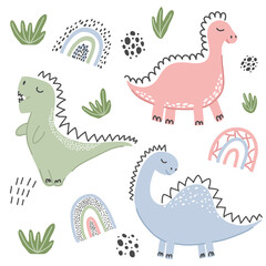 Children's seamless pattern with dinosaurs. Vector cute illustration for design, textiles, posters, fabrics, cards.
