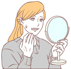 手鏡を見る不安そうな女性（シンプルカラー）