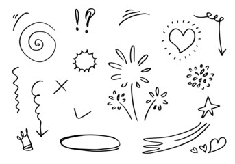 Fototapeta premium Hand drawn set elements, black on white background. Arrow, heart, love, star, leaf, sun, light, crown,Swishes, swoops, emphasis ,swirl, heart, for concept design.