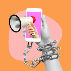 Contemporary art collage. Female bw hand tied to smartphone with chain over orange background.