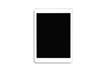 Clipping path. Top view to white tablet computer isolated and Empty(Blank) black screen on white background view. Flat lay  of Tablet isolated. Mockup