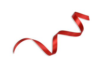 Clipping path. Top view(Flat lay) of Red ribbon isolated on white background. Red A bow with Straight line. Decoration ribbon rolled shiny.