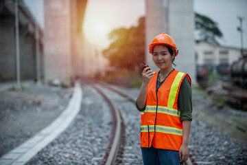 worker on the railroad.  Engineer on railways. engineer train on the railway. Worker walk on...
