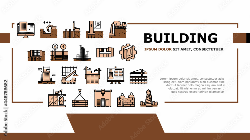 Poster building construction landing web page header banner template vector. excavation and footing reinfor