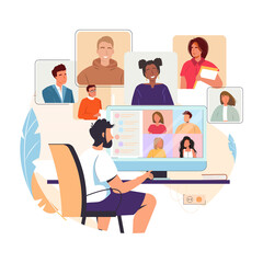 Video conference. Man at desk having videoconference with colleagues. Corporate video call, distant discussion, virtual chat. Friends talking online. Online business meeting vector illustration.