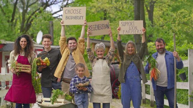 Group of community farmers protesting with signs. Community farming concept.
