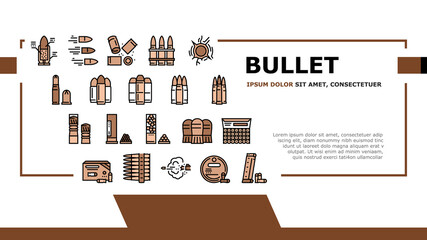 Bullet Ammunition Landing Web Page Header Banner Template Vector. Bullet Expelling From Gun Barrel Shooting And Hole, Cartridge, Armor Piercing, Boat Tail And Soft Point Illustration