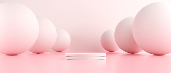 Abstract Modern Architecture Background, Empty pink interior design there are spheres arranged in a row,3d Modern Rendering.