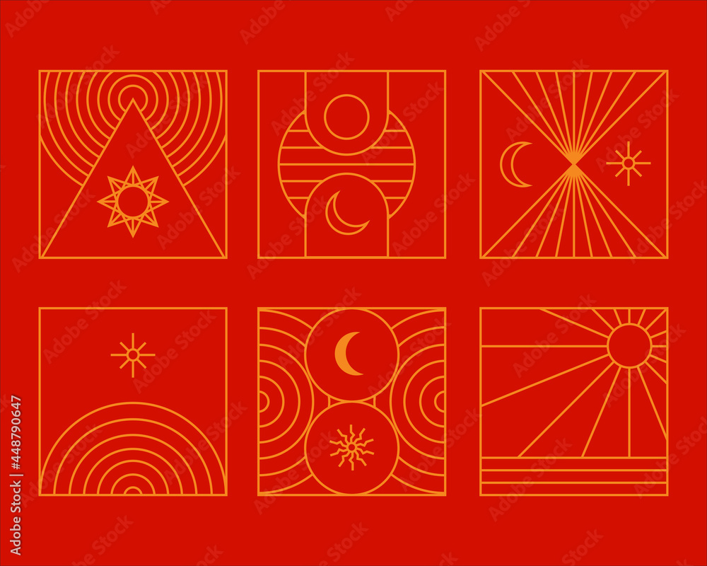 Poster boho illustration in a square. a set of square illustrations from lines form a bohemian look design.
