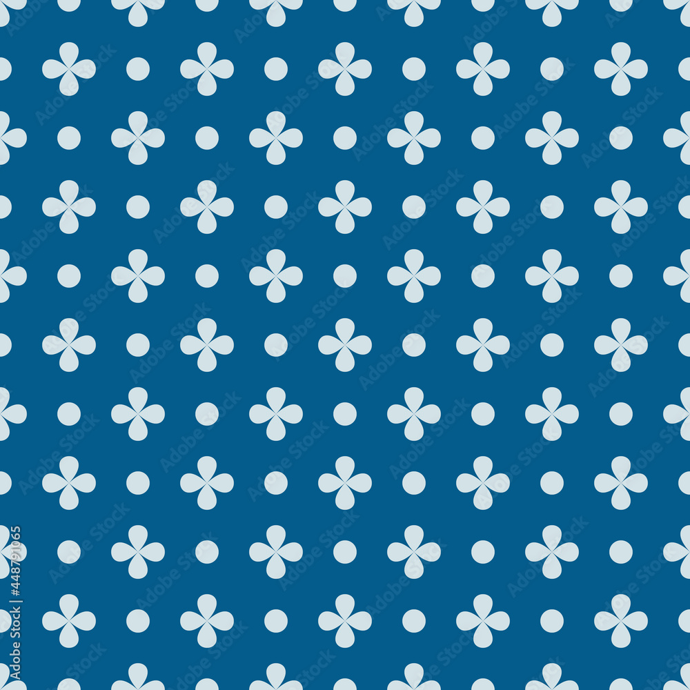 Poster Blue color of background and seamless ornament. Circles and four petal shapes pattern. Vector.