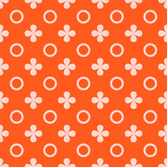 Orange color of background and seamless ornament. Rings and four petal shapes pattern. Vector.