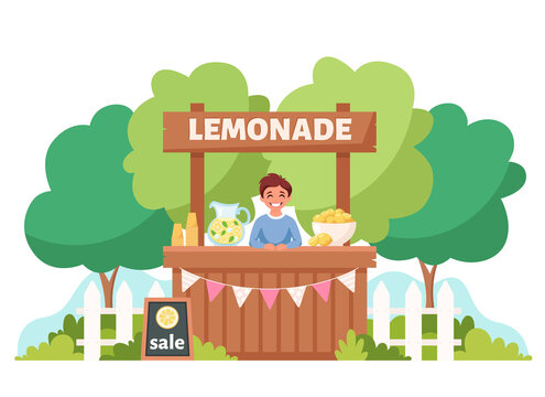 Boy selling lemonade in lemonade stand. Summer cold drink. Vector illustration