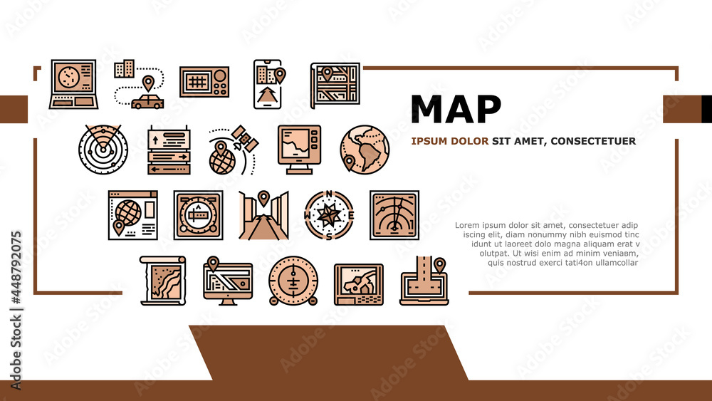 Aufkleber map location system landing web page header banner template vector. map location and gps satellite n