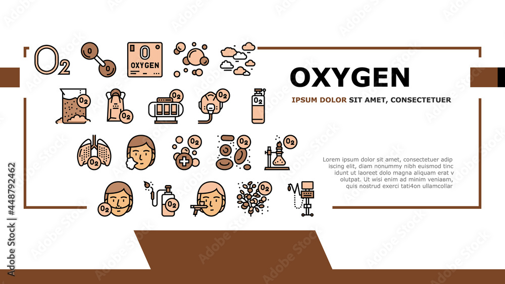 Poster oxygen o2 chemical landing web page header banner template vector. diatomic molecule and oxygen bubb