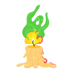 Halloween candle with green ghost in cartoon flat style. Night divination, summoning spirits and ghosts. Vector illustration in cartoon flat style isolated on white. Melted wax candle with spirit