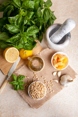 Ingredients for making basil sauce pesto at home
