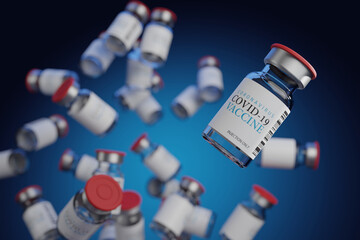 Close-up of a large number of empty covid-19 vaccine bottles floating in mid-air on a blue background. Bulk vaccine concept to immunize against dangerous pathogens with copy space, 3D rendering.