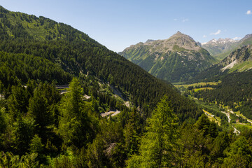 Fototapeta na wymiar Beautiful view from the top of the Maloja pass in the Bregaglia valley between Switzerland and Italy. It is a beautiful sunny summer day, with blue sky and just a few clouds.