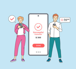 Contactless payment, online transaction. Young smiling woman and man holding smartphone and sending and receiving money wireless with smartphones.