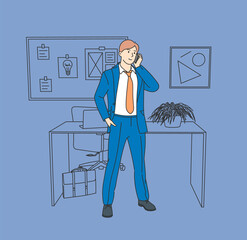 Businessman during work planning. Young businessman office worker standing talking on phone.