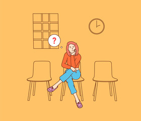 Meeting, delay vacation. Young unhappy woman sitting thoughtfully.