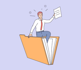 Database, searching info. Young man office worker searching file to big folder. Businessman holds paper document. User and data archive
