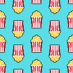 Popcorn pixel art pattern seamless. 8 bit Sweetness background. vector texture