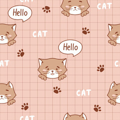 Cute kitty seamless pattern. Vector Checkered background with cartoon cat for unisex clothes, fabric, textile, cover or decoration. Funny purr kitten with footprints and text hello. Brown kitten print