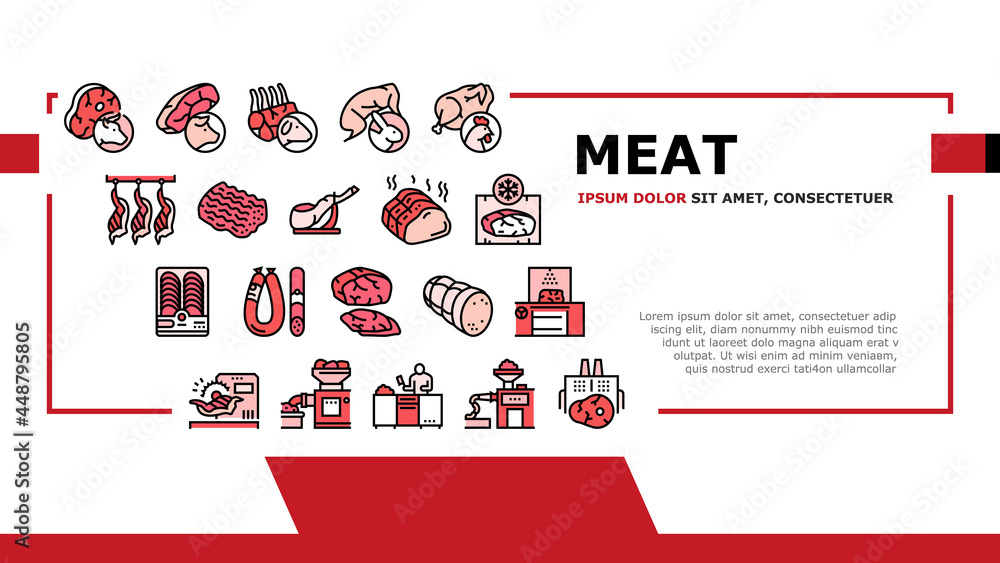 Poster meat factory product landing web page header banner template vector. beef and pork, chicken and rabb