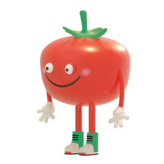 Tomate mascotte 3d souriante rouge avec chaussure et main 