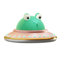 Alien vert 3d drôle et souriant dans une soucoupe volante vintage . Ovni 