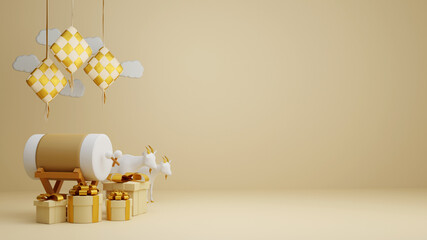 Islamic display decoration composition with 3d traditional bedug drum gift boxes and arabic lanterns