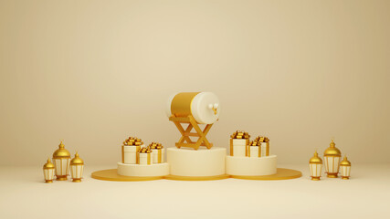 Islamic display decoration composition with 3d traditional bedug drum gift boxes and arabic lanterns