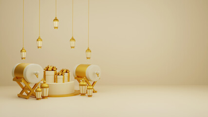 Islamic display decoration composition with 3d traditional bedug drum gift boxes and arabic lanterns