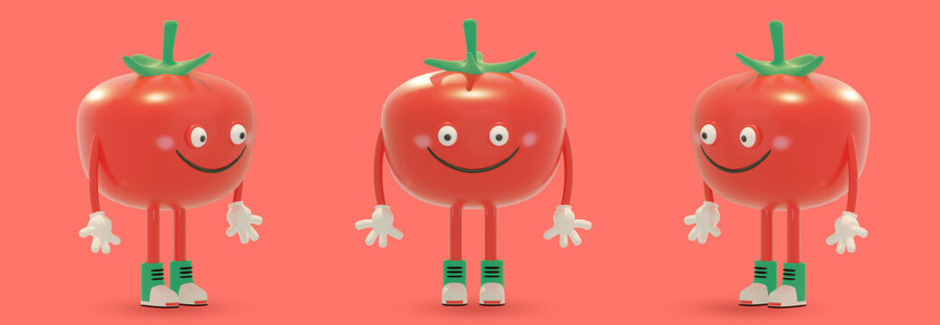 Tomate mascotte 3d souriante rouge avec chaussure et main 