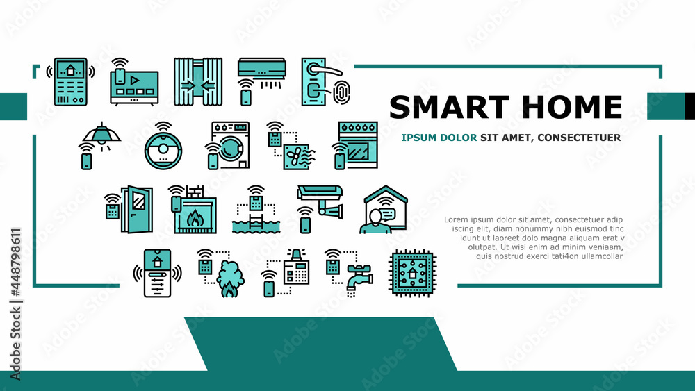 Aufkleber smart home equipment landing web page header banner template vector. smart home security system and 