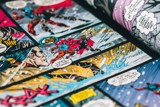 Opened comic book page, close up. Rostov-on-Don, Russia. 20 July 2021