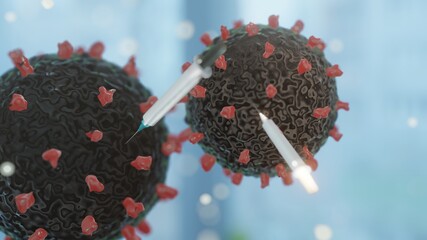 Close-up of  Vaccine Injection to dissolving virus under microscope., SARS-CoV-2 COVID-19 pandemic cure or vaccination concept. Realistic high quality medical 3D Rendering