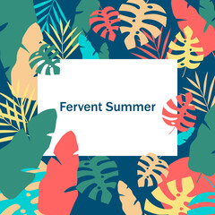 Fototapeta na wymiar Floral summer frame with tropical leaves. Postcard.