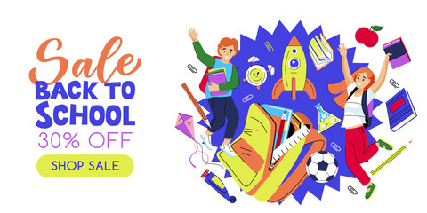 Jumping kids, open school backpack and flying rocket vector illustration. Back to school sale banner poster design