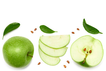 green apples with green leaf and slices isolated on a white background. clipping path. top view
