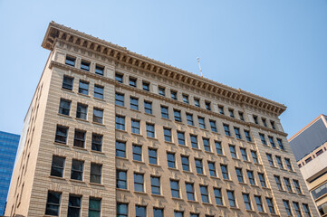 Looking up view of Edmonton's historic downtown office buildings.