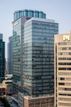 Edmonton, Alberta - July 30, 2021: Looking up view of Edmonton's downtown office buildings.