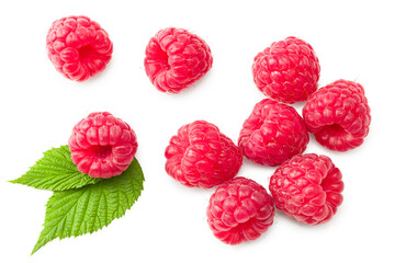 ripe raspberries with green leaf isolated on white background. clipping path. top view