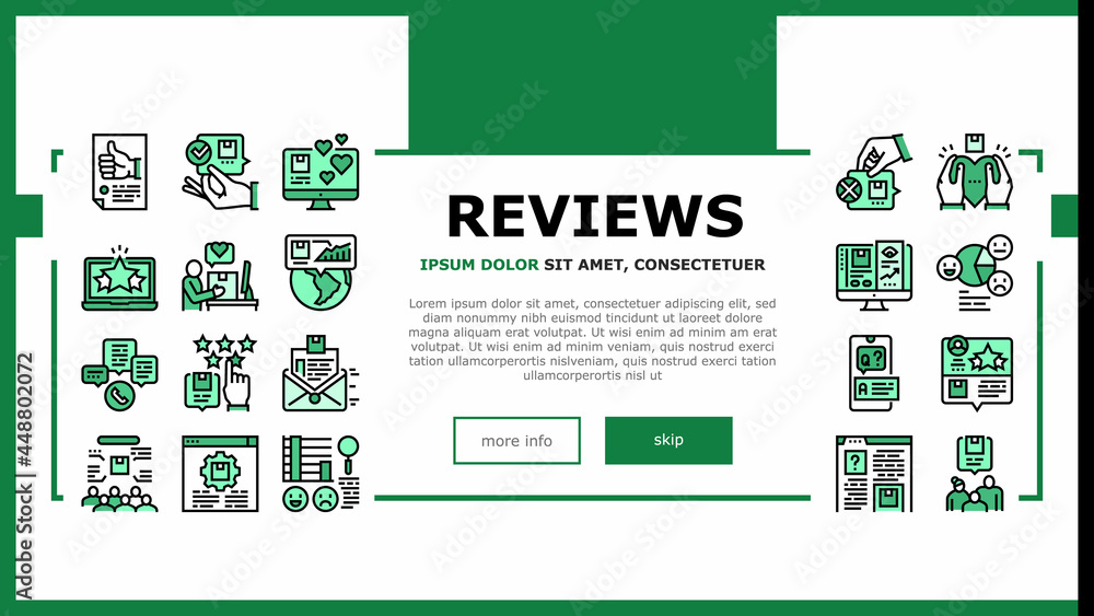 Poster reviews of customer landing web page header banner template vector. like comment and rating, positiv